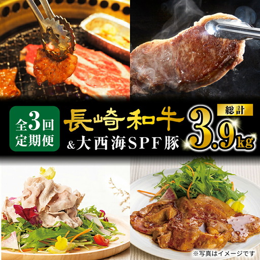 3回定期便 長崎和牛 大西海SPF豚 3種 総計3.9kg 訳あり ＜大西海ファーム＞ [CEK184] 定期便