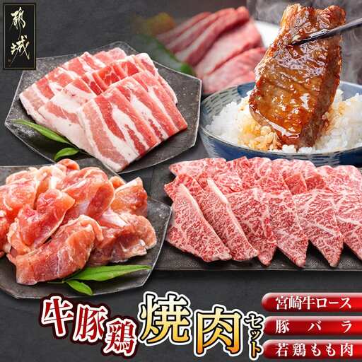 牛・豚・鶏の焼肉セット(宮崎牛ロース肉・豚バラ肉・若鶏もも肉)〔AC-I601〕_(都城市) 宮崎県産宮崎牛 ロースまたは肩ロース肉 宮崎県産豚 バラ肉 国産若鶏 もも肉 焼肉用