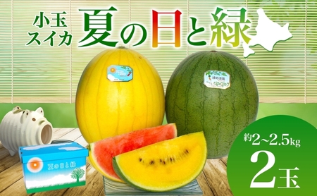 小玉スイカセット 夏の日 緑 赤 黄 北海道 小玉スイカ[2〜2.5kg 2玉]