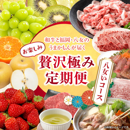 和牛と福岡･八女のうまかもんが届く お楽しみ贅沢極み定期便【全12回】～八女いコース～ ＜配送不可：北海道・沖縄・離島＞ フルーツ 定期便 12回 あまおう いちご シャインマスカット 梨 みかん 博多和牛 牛肉 豚肉 水炊き お茶 新茶 季節のフルーツ 果物 おすすめ セット 産地直送 福岡県 八女市 072-T030
