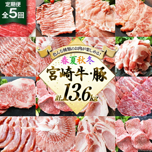 5回 定期便 宮崎牛 宮崎県産 豚 春夏秋冬 5ヶ月 コース 合計13.6kg