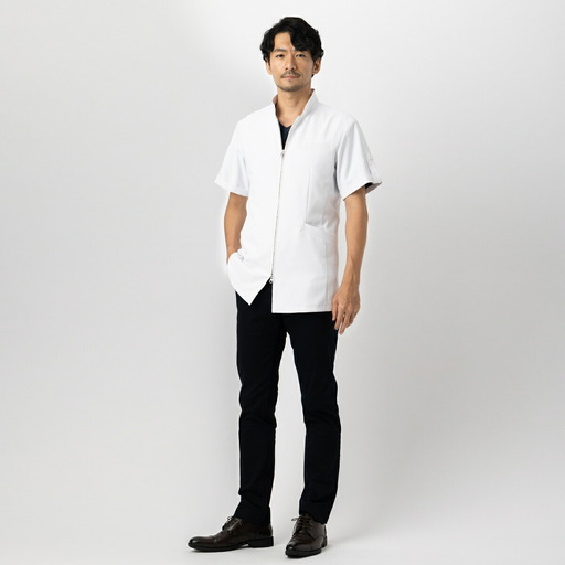 レピウスの白衣 [メンズ] スタンドカラーZIP ショートジャケット [半袖] ストレッチ素材 / ネーム刺繍付き(サイズ:44サイズ)_0113-015-T04-1