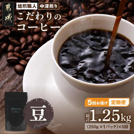 5回お届け!焙煎職人こだわりのコーヒー定期便【豆】250g 小分けパック(ジッパー・バルブ付) ※中深煎り※ポスト投函〔TLA5-3302〕_(都城市) 毎月