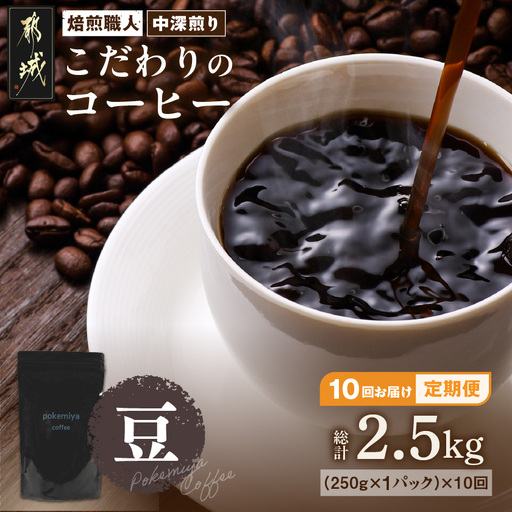 10回お届け!焙煎職人こだわりのコーヒー定期便【豆】250g 小分けパック(ジッパー・バルブ付) ※中深煎り※ポスト投函〔TLA10-3302〕_(都城市) 毎月