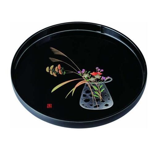 丸盆 30cm 黒 盛絵花かご ［YG465］