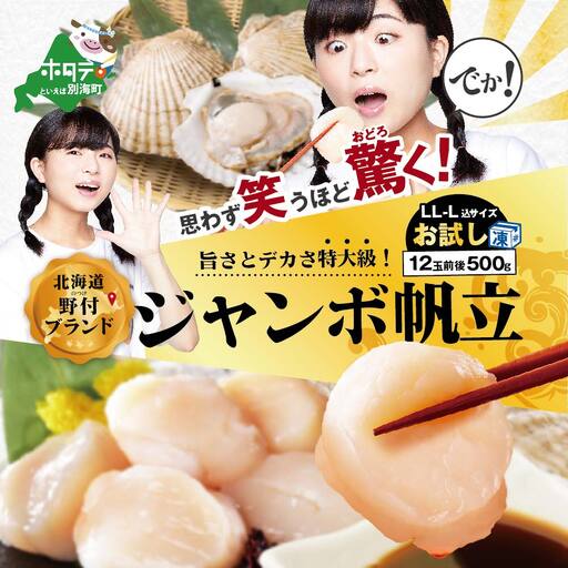 思わず笑うほど驚くお試しジャンボホタテ500g 北海道 野付産 ほたて 冷凍 玉冷 ( ほたて ホタテ 帆立 貝柱 北海道 野付 人気 ふるさと納税 )