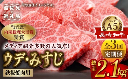 【全3回定期便】【A5ランク 希少部位】長崎和牛 ミスジ （ウデ肉） 焼肉用 スライス 700g【肉のあいかわ】 BBQ バーベキュー キャンプ 焼肉 贈答 ギフト 贈り物 お中元[NA96]