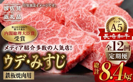 【全12回定期便】【A5ランク 希少部位】長崎和牛 ミスジ （ウデ肉） 焼肉用 スライス 700g【肉のあいかわ】 BBQ バーベキュー キャンプ 焼肉 贈答 ギフト お中元[NA98]