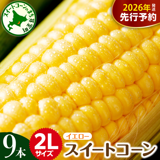 [2026年7月下旬〜8月中旬頃配送] 北海道産 とうもろこし スイートコーン イエロー種 2L サイズ 9本 人気 キャンプ飯 BBQ アウトドア ソロキャン バーベキュー 焼肉 トウモロコシ とうきび コーン 甘い 野菜 北海道 十勝 芽室町 めむろ 数量限定 me002-021c-26
