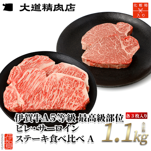 伊賀牛 A5 ヒレ・サーロイン 食べ比べステーキセットA 総合計約1.1kg 伊賀牛 【最高級部位】【dido0025】