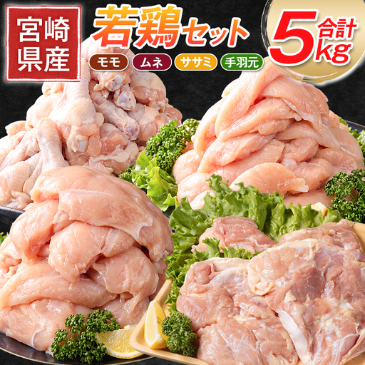 宮崎県産 若鶏5kgセット 鳥肉 もも肉 1kg むね肉 2kg ささみ 1kg 手羽元1kg【B320-2604】