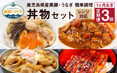 【1ヶ月おき3回 : 定期便】 鹿児島県産 黒豚・うなぎ 簡単調理（丼物）セット（レンジ対応） 豚丼 中華丼 うなぎ 蒲焼 カレー レンジ 簡単 調理_ss0484_CR