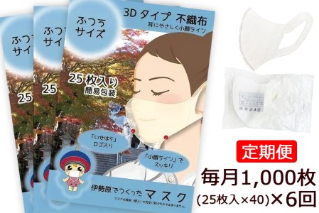 [定期便] 事業所向け [伊勢原でつくったマスク] ふつうサイズ 簡易包装25枚入り×40パック(合計1000枚)×6回 (毎月1回発送/6回合計6000枚) ※「いせはら」刻印入り [0051]