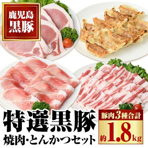 【B02075】特選黒豚焼肉とんかつセット(計約1.8kg)  黒豚バラ(焼肉用)、黒豚ロース(トンカツ用)、黒豚モモスライス、黒豚餃子のセット！ 鹿児島 国産 九州産 黒豚 豚肉 お肉 バラ ロース モモ スライス 餃子 ぎょうざ 焼肉 しゃぶしゃぶ【和田養豚】