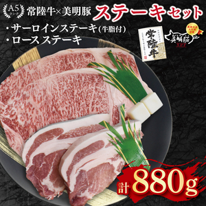 【常陸牛 A5ランク・美明豚ステーキセット】常陸牛サーロインステーキ600g（300g×２枚）＋美明豚ロースステーキ280g（140g×２枚 EK-20