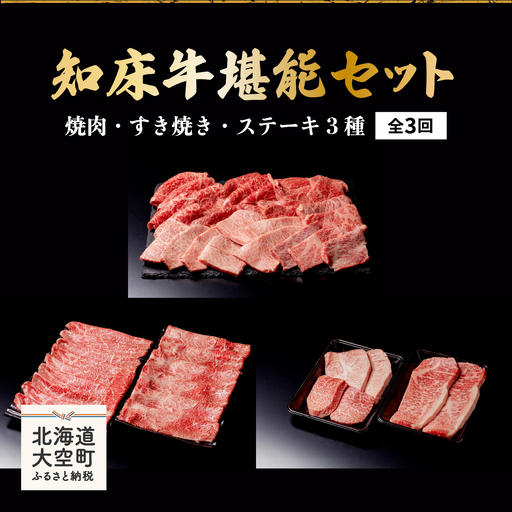 知床牛堪能(焼肉・すき焼き・ステーキ3種)セット全3回 【 ふるさと納税 人気 おすすめ ランキング 牛肉 牛 肉 ステーキ すき焼き 焼肉 国産 定期配送 定期便 北海道 大空町 送料無料 】 OSG010