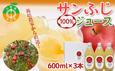 山形県中山町産 サンふじりんご100%ジュース 600ml×3本 令和8年産のりんご使用 12月上旬より発送開始 渡辺ファーム