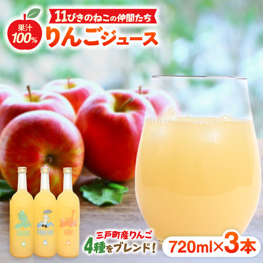 青森県産りんごジュース [ 11ぴきのねこ サブキャラ ラベル] 720ml×3本 りんごジュース