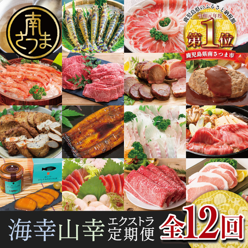 【定期便】海幸山幸 エクストラ厳選 定期便（全12回） お肉 お魚 豚肉 牛肉 黒豚 鹿児島黒牛 すき焼き サーロイン ステーキ しゃぶしゃぶ 角煮 鰻 蒲焼 刺身用 たかえび 薩摩甘えび 海老 マグロ さつま揚げ 焼豚 ハム レトルト ハンバーグ 出汁 鰹節