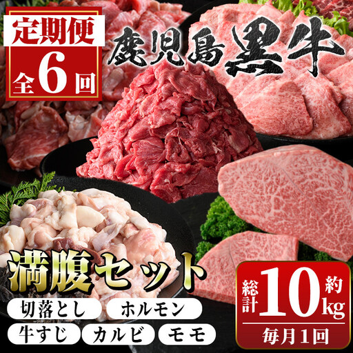 [定期便・全6回]鹿児島黒牛 満足定期便・満腹セット(全5種・合計10kg) 鹿児島黒牛 モモ 赤身 ホルモン 霜ぶり 霜降り ステーキ 牛すじ 切り落とし 切落し 焼肉 食べ比べ 日本一 国産 九州産 牛肉 ビーフ [新村畜産]