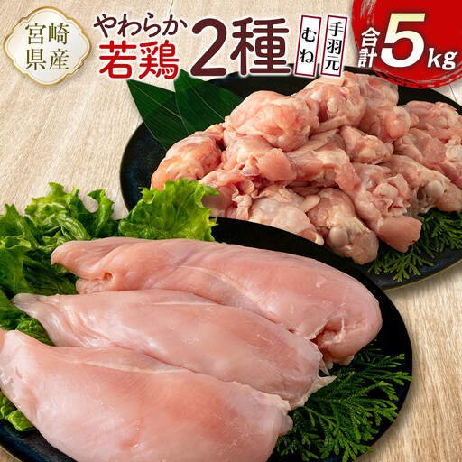宮崎県産鶏肉 やわらか若鶏2種（むね・手羽元）合計5kg【A285-2505】