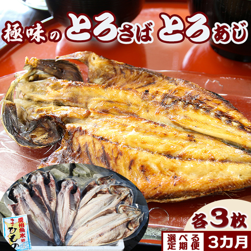 [極味のひもの]脂乗り抜群『とろさば・とろあじ』ひもセット 各3枚 定期便 3カ月[毎月] [選べる発送間隔][発送開始月指定OK]鯖 サバ 鯵 アジ ひらき 干物 天日干し 手開き 焼き魚 ご飯お供 焼き魚セット 人気店 お取り寄せ [魚水][0063-0003]