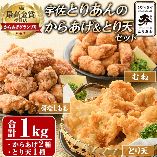 ＜からあげグランプリ最高金賞＞宇佐 とりあんのからあげ・大分名物鶏天セット(合計1kg・3種)から揚げ からあげ 鶏天 とり天 簡単 冷凍 惣菜 お弁当 おかず おつまみ 名物 セット【1035100200】【BOROYA】