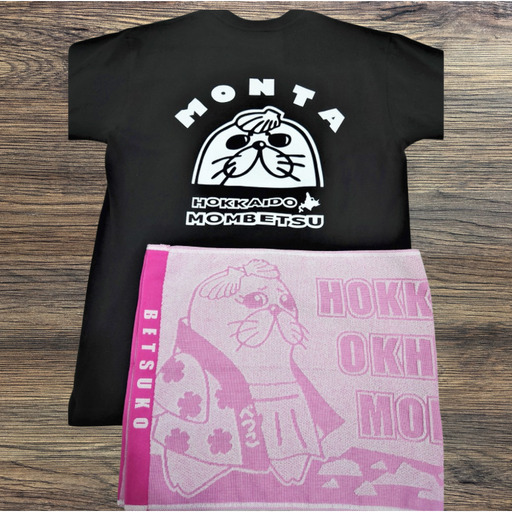 17-60 ゆるキャラ紋太・べつこグッズ(Tシャツ[ブラックL]、タオル[ピンク])