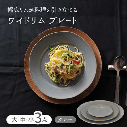 【美濃焼】ワイドリム プレート 大・中・小 3点セット グレー【金正陶器】食器 丸皿 リム皿 パスタ皿 カレー皿 ケーキ皿 メインディッシュ ランチ ディナー シャビーグレー 灰色 写真映え シンプル おしゃれ レンジ対応 食洗機対応 送料無料 [MAK050]