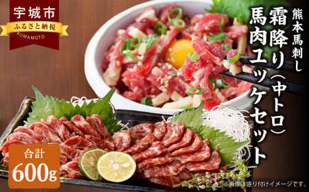 熊本 馬刺し 霜降り(中トロ) 300g+馬肉ユッケ 300g 合計600g セット ユッケたれ 小分け 小袋たれ 小袋生姜付き 中トロ馬刺し 霜降り馬刺し 熊本馬刺し 馬刺し堪能 馬刺し専門店