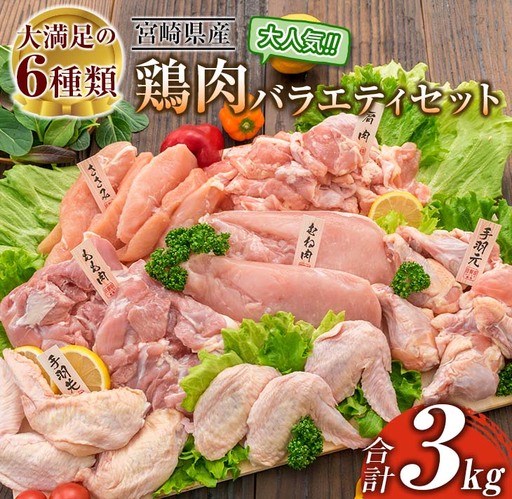 ≪様々な料理に大活躍!≫ 小分け 真空パック 鶏肉 バラエティ セット 合計3kg 鶏もも肉 鶏むね肉 ささみ 手羽先 手羽元 詰め合わせ 国産 肉 大満足 6種 食品 おかず からあげ BBQ 人気 おすすめ お弁当 万能食材 宮崎県 日南市 送料無料_BC123-25