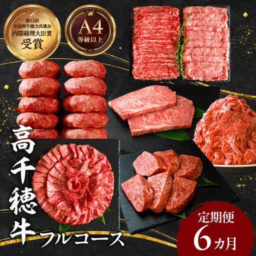 宮崎県産黒毛和牛A4等級以上 高千穂牛フルコース(6ヶ月定期便)牛肉 肉 お肉 精肉 定期便 サーロイン ステーキ 焼肉 BBQ ロース カルビ こま肉 小間切れ モモ ハンバーグ しゃぶしゃぶ すき焼き すきしゃぶ 薄切り スライス 国産 セット 詰め合わせ パーティー アウトドア キャンプ グランピング お祝い ギフト プレゼント_Tk002-t054