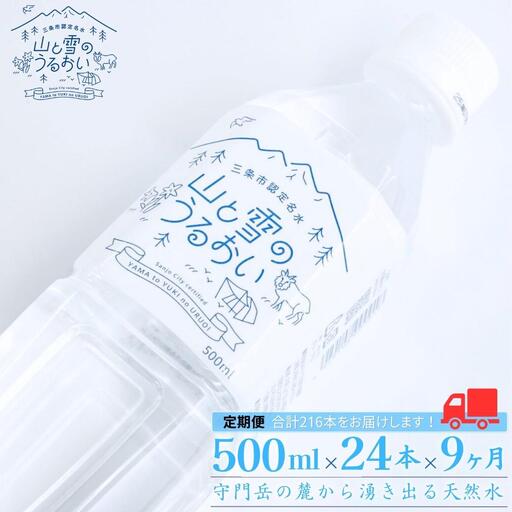 定期便 ミネラルウォーター 500ml×24本 9か月 ナチュラルミネラルウォーター 山と雪のうるおい 軟水 防災 新潟県三条市