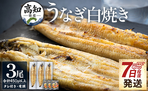 うなぎ白焼き 高知県産うなぎの白焼き 150～180ｇ×3尾 早い スピード発送 7日程度 早く届く スピード配送 【うなぎ 惣菜 うなぎ おかず うなぎ 国産 うなぎ 高知県産 うなぎ 人気 うなぎ おすすめ】 yw-0115