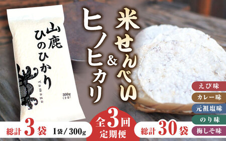 【3回定期便】【おつまみにも♪】米せんべい（えび味、カレー味、元祖塩味、のり味、梅しそ味）& ヒノヒカリ【せんべい工房】[ZBQ014]