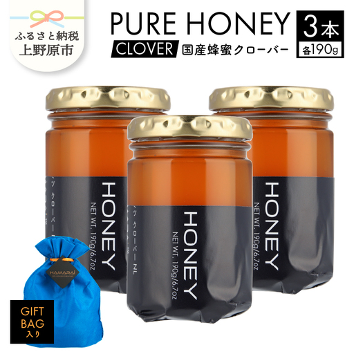山梨県上野原市産ハチミツ クローバー（190g 3本 計570g）上野原市産 はちみつ ハチミツ 蜂蜜 天然 570g 3本 クローバー ラベルレス マイルド 贈答 プレゼント ギフト 贈り物 送料無料 山梨県 上野原市
