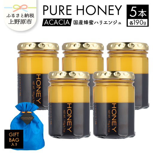 山梨県上野原市産ハチミツ ハリエンジュ （190g 5本 計950g）上野原市産 はちみつ ハチミツ 蜂蜜 天然 950g 5本 ハリエンジュ ラベルレス マイルド 贈答 プレゼント ギフト 贈り物 送料無料 山梨県 上野原市