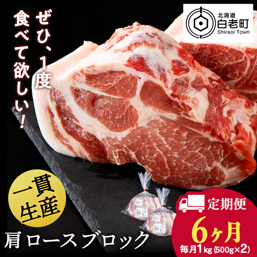【定期便 6カ月】北海道産 白老豚 肩ロース ブロック 500g×2パック BV053