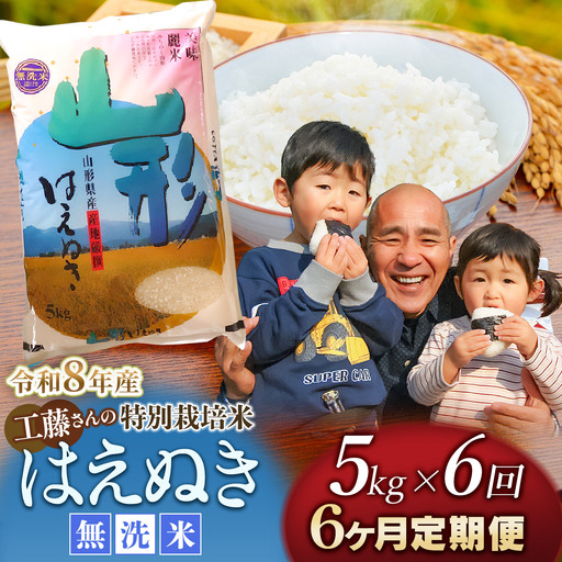 【令和8年産先行予約】【6ヶ月定期便】工藤さんの特別栽培米 はえぬき無洗米 5kg ×6回（計30kg） 山形県鶴岡市　株式会社サンエイファーム　| はえぬき 5キロ 無洗米 米どころ 庄内米 ブランド米 米 コメ こめ ご飯 ごはん 美味しい お取り寄せ 農家直送 東北 国産 おすすめ 人気 返礼品 送料無料 令和8年産 新米 予約