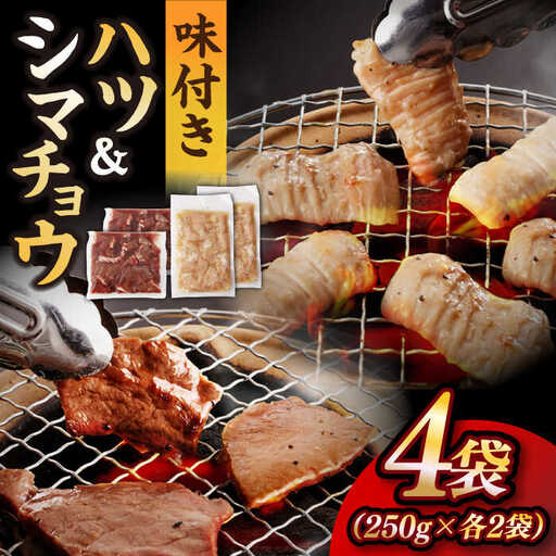 【塩だれ】九州産和牛 ホルモン2種 計1kg（ ハツ 250g×2袋・ シマチョウ 250g×2袋） 長与町/岩永ホルモン [EAX134]国産 牛肉 ミックス 小分け 味付き 冷凍 焼肉