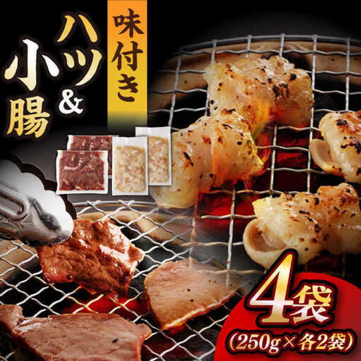 【塩だれ】九州産和牛 ホルモン 2種 計1kg（ ハツ 250g×2袋・ 小腸 250g×2袋） 長与町/岩永ホルモン [EAX138]国産 牛肉 ミックス 小分け 味付き 冷凍 焼肉