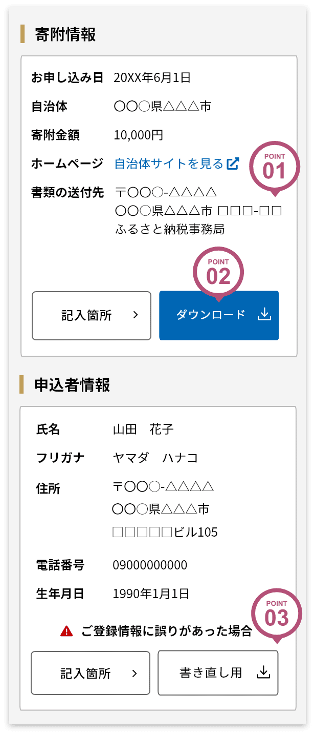寄附情報と申込者情報を確認しPDFファイルをダウンロード！