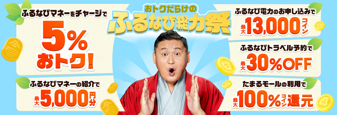 マネー増量で5%おトクに寄附！さらにふるなび電力やふるなびトラベル予約でおトクな新緑のふるなび総力祭