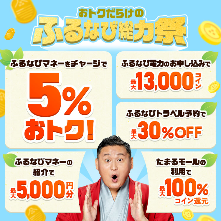 マネー増量で5%おトクに寄附！さらにふるなび電力やふるなびトラベル予約でおトクな新緑のふるなび総力祭