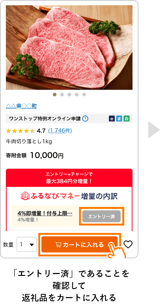 「エントリー済」であることを確認して返礼品をカートに入れる