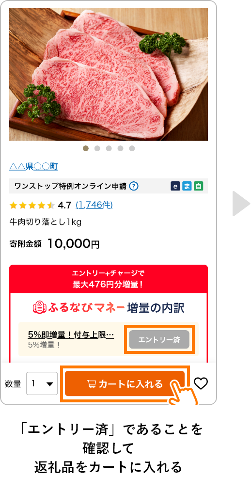 「エントリー済」であることを確認して返礼品をカートに入れる