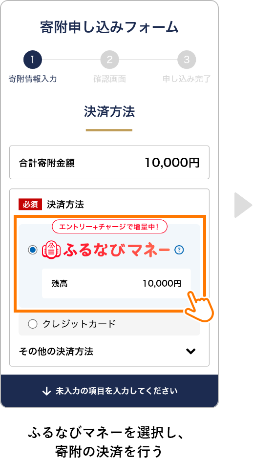 ふるなびマネーを選択し、寄附の決済を行う