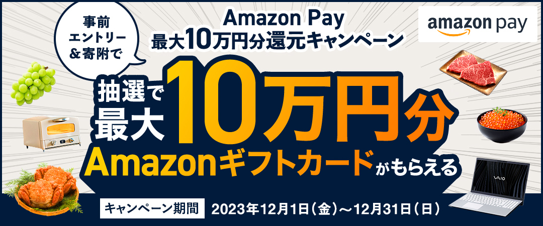 Amazon Pay 最大10万円分還元キャンペーン　事前エントリー＆寄附で、抽選で最大10万円分のAmazonギフトカードがもらえる キャンペーン期間：2023年12月1日（金）～2023年12月31日（日）