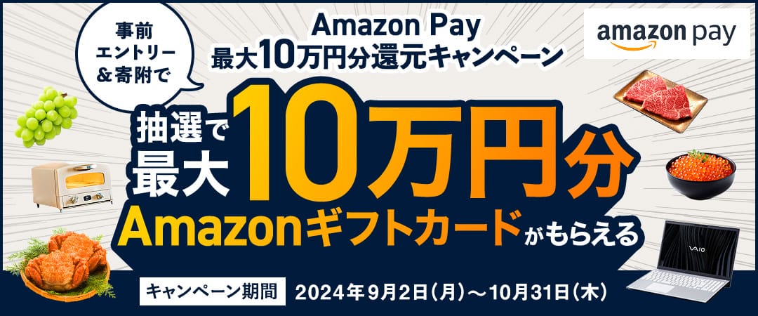 Amazon Pay 最大10万円分還元キャンペーン　事前エントリー＆寄附で、抽選で最大10万円分のAmazonギフトカードがもらえる キャンペーン期間：2024年9月2日（月）12:00～2024年10月31日（木）23:59