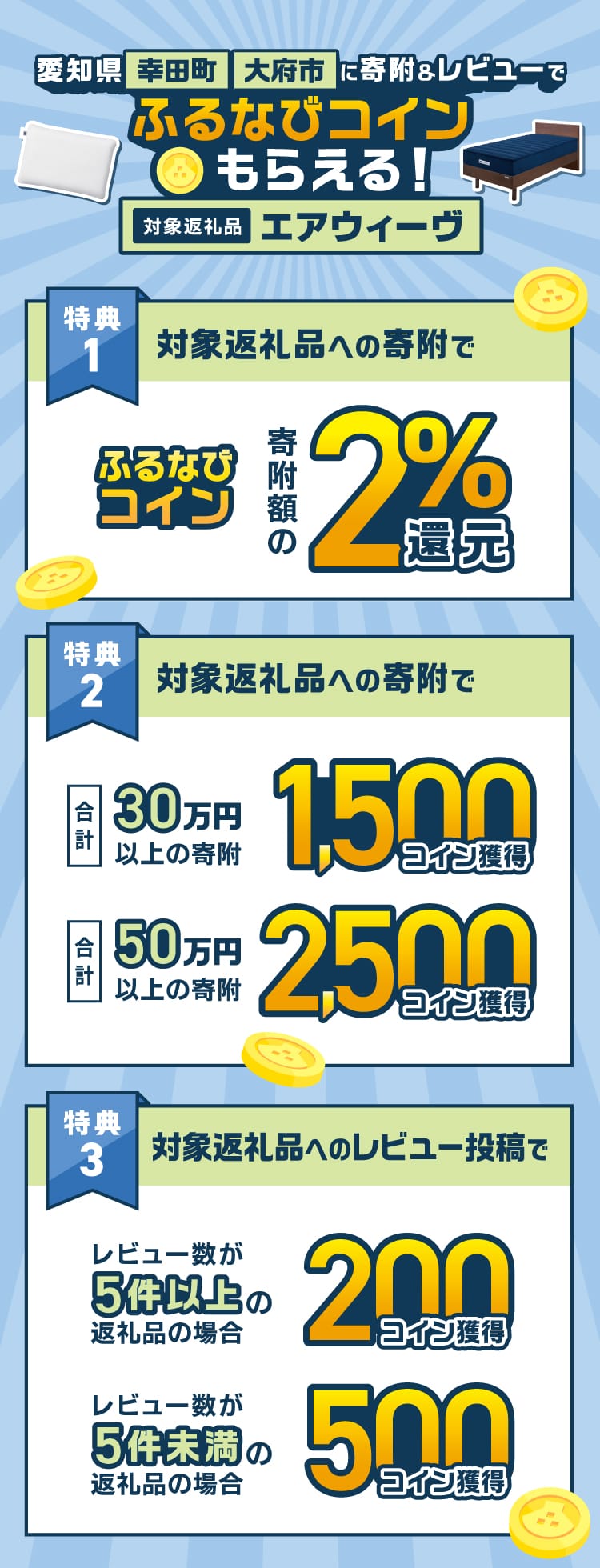 愛知県幸田町・愛知県大府市に寄附&レビューでふるなびコインもらえる！対象返礼品:エアウィーヴ
